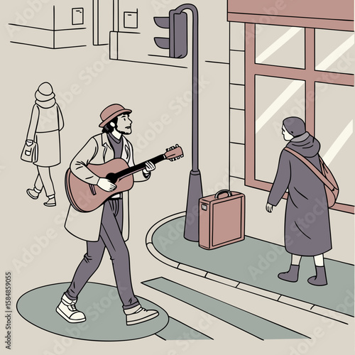 A man with a guitar walks across a crosswalk while others walk nearby on a city street corner scene