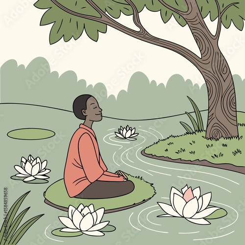 Person meditating on a lily pad surrounded by water lilies under a tree in a serene outdoor setting