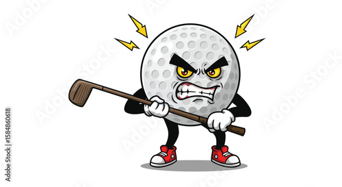 Angry Golf Ball Cartoon Character Holding a Golf Club