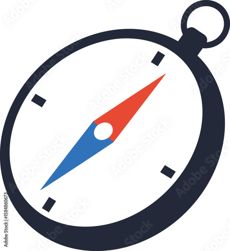 A classic compass, pointing northeast, ready for adventure.  Its simple design features a red and blue needle.
