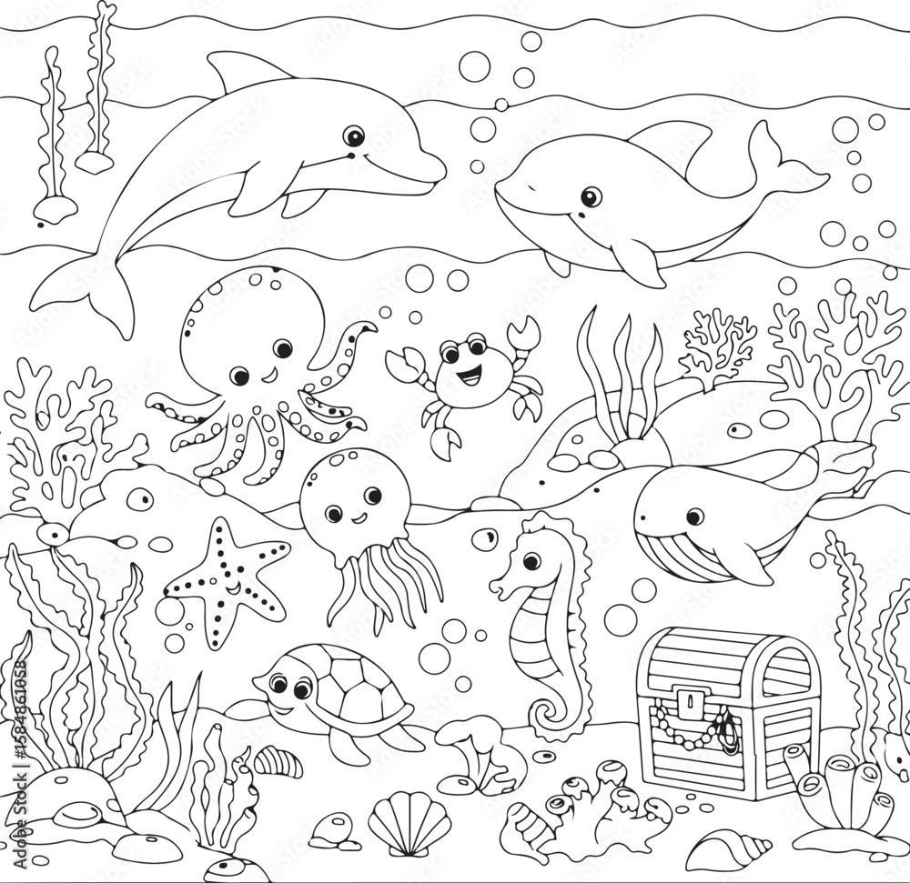 Fototapeta premium Happy Sea Creatures Coloring Page