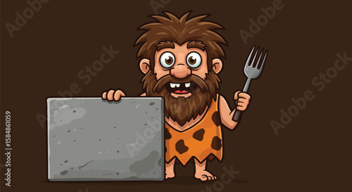 Hungry Caveman Holding a Stone Sign and Fork
