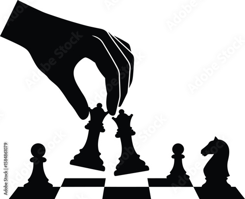 A hand moving a chess piece on a checkered board, strategizing the game.