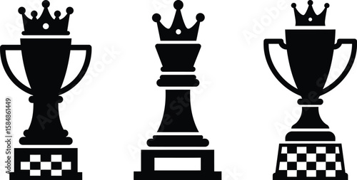 Three black and white vector illustrations: two trophies and a chess queen, each topped with a crown.