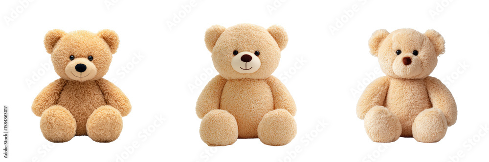 Fototapeta premium Three plush teddy bears sitting upright against a transparent background