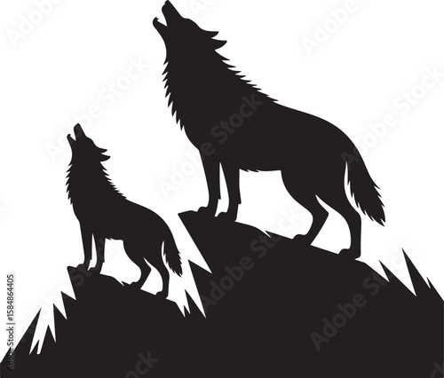 Two black wolves howling on jagged rocks wolf animals