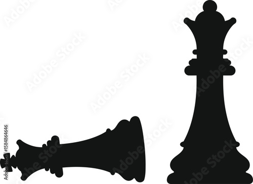 Silhouette of fallen and standing chess queens; strategic game concept.