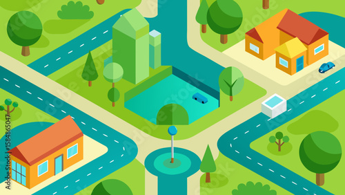 bird eye view cartoon suburban neighborhood
