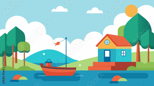 cartoon boat near lakeside homes and fishing
