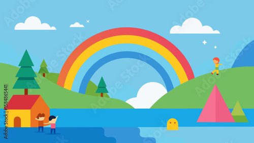 fantasy lakeside scene rainbow kids