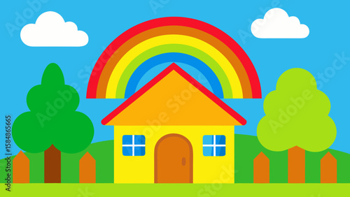 suburban cartoon cottage trees and flowers