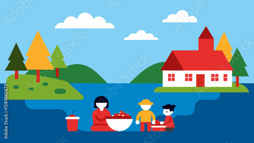 lakeside picnic cartoon village scene
