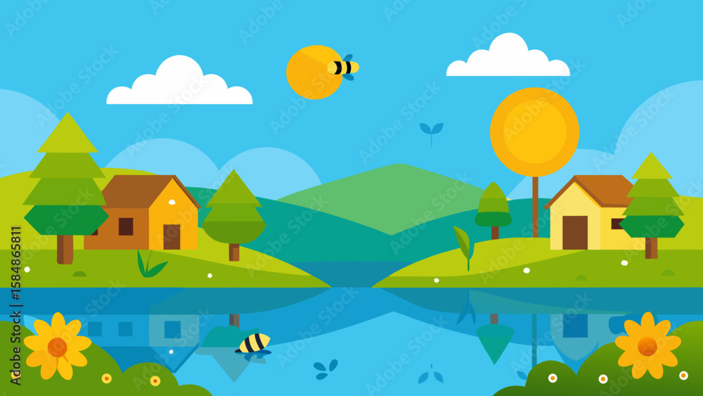 Fototapeta premium peaceful morning village with dew grass