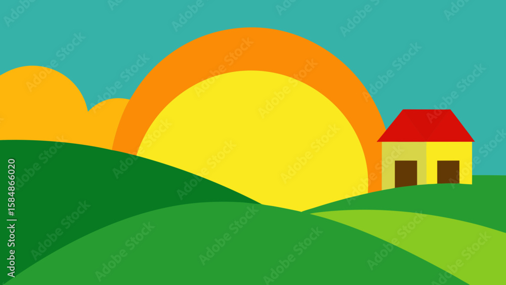 Fototapeta premium sunrise green hills red roof house