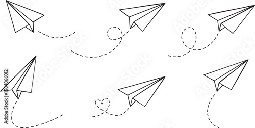 Collection of simple black line art paper airplanes flying with dotted trails