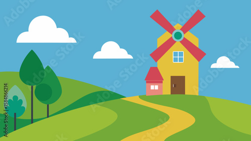 windmill hilltop home blooming flowers