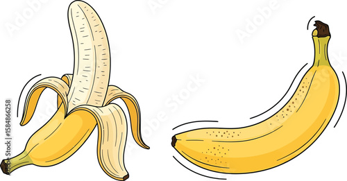 Two bananas are depicted, one peeled with the skin hanging down, and the other whole, both on a white background.