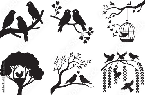Silhouette Birds Collection: A Variety of Bird Silhouettes for Art and Design, Romantic Silhouette Set: Bird-Themed Vectors for Creative Projects