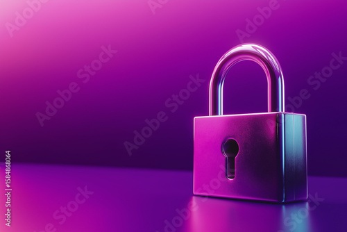 Cyber security concept with a padlock on violet background. 3d padlock against a vibrant purple background, symbolizing security and protection for data or personal information
