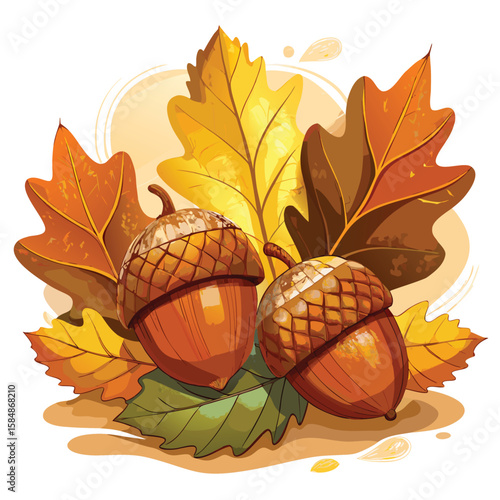 Autumnal oak leaves and acorns fall naturally, a seasonal display of nature's yellow, brown, and orange foliage