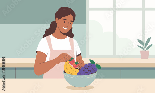 Woman Sorting Fresh Fruit in Kitchen, Healthy Eating Illustration