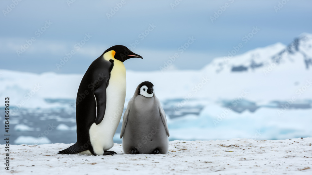 Obraz premium Two emperor penguins standing on snowy ice in Antarctica. Close up of adult and chick penguin against icy landscape.
