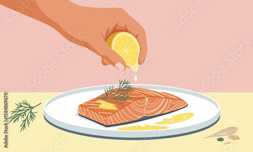 Squeezing Lemon on Grilled Salmon with Dill