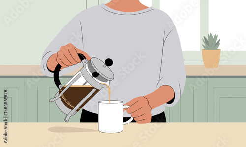 Morning Brew: French Press Coffee Pouring in Kitchen