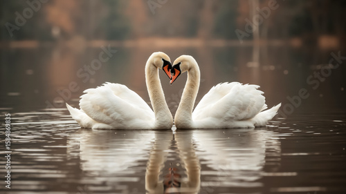 Fototapeta Naklejka Na Ścianę i Meble -  Two swans forming a heart shape on calm water. Close up of two white mute swans facing each other in a lake.