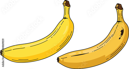 Two bananas, one ripe and one slightly overripe, depicted in a simple line drawing style.