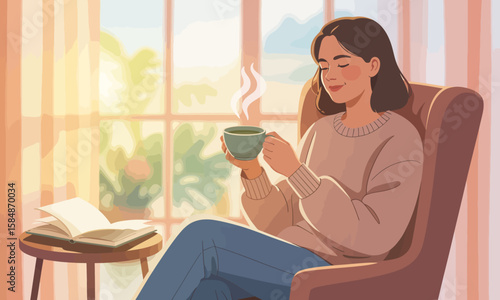 Serene Morning: Woman Relaxing with Coffee and Book