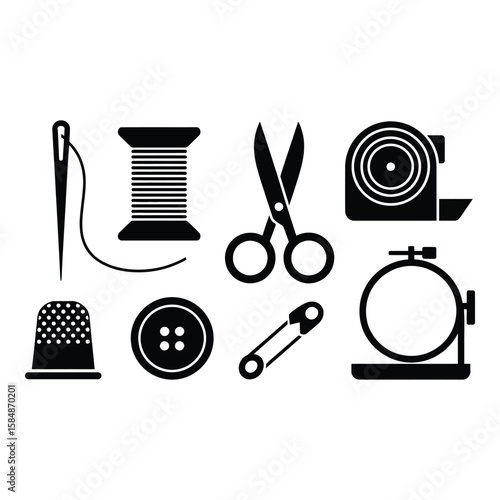 Collection of sewing tools and notions silhouette isolated on white background
