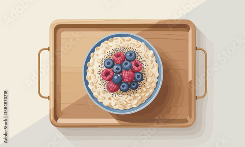 Oatmeal Bowl with Berries on Wooden Tray - Healthy Breakfast Illustration