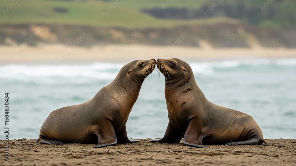Fototapeta premium Two sea lions reaching for each other on a sandy beach. Close up of two California sea lions interacting in coastal environment.