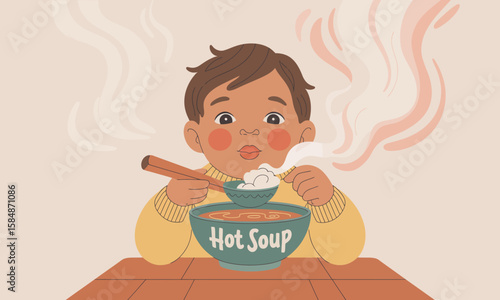 Warm Comfort: A Child's Delight with Hot Soup
