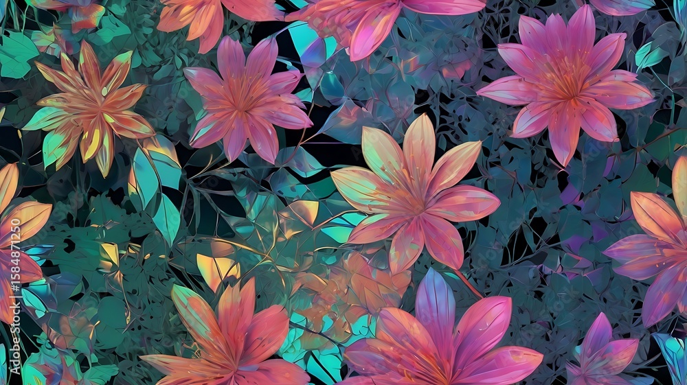 Fototapeta premium Vibrant abstract floral pattern with luminous pink and orange petals against a dark teal and green foliage background