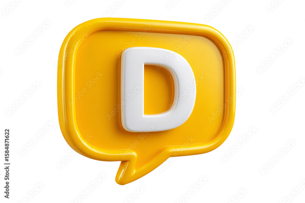 Obraz premium 3D yellow speech bubble with white D alphabet isolated on transparent background. 