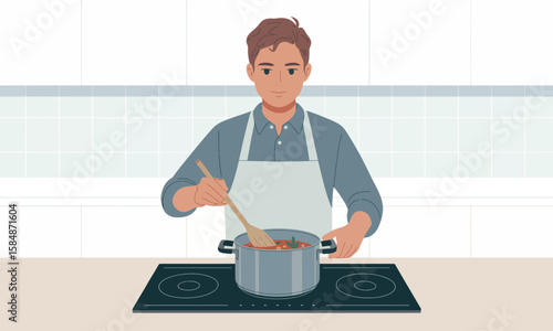 Young Man Cooking in Modern Kitchen. Stirring Pot on Induction Hob with Wooden Spoon