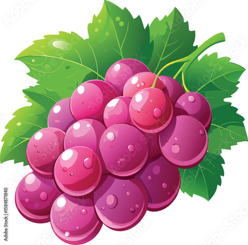 Freshly isolated red grapes, currants, and berries form a sweet, healthy, and juicy fruit cluster with green leaves
