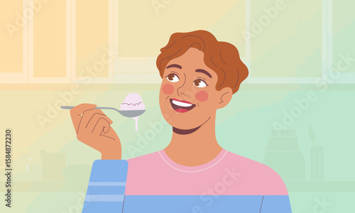 Joyful Man with Spoonful of Dessert, Cartoon Style