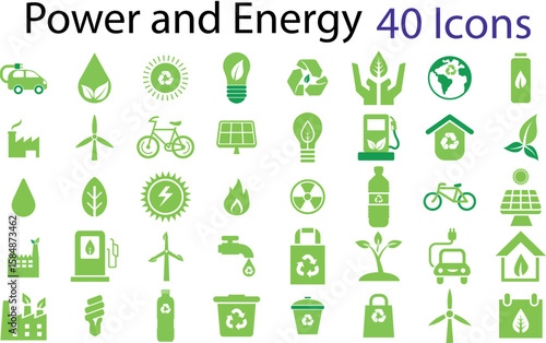 Energy and power vector icons set including solar panel, bulb, battery ,bicycle ,windmill, trees and renewable energy symbols