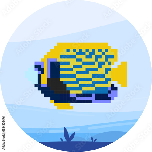 Pixelated Detailed Angelfish Illustration Underwater Scene Aquatic Animal Art