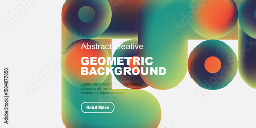 Abstract geometric shapes overlap, creating vibrant colorful background. Text box includes sample content, button visible.