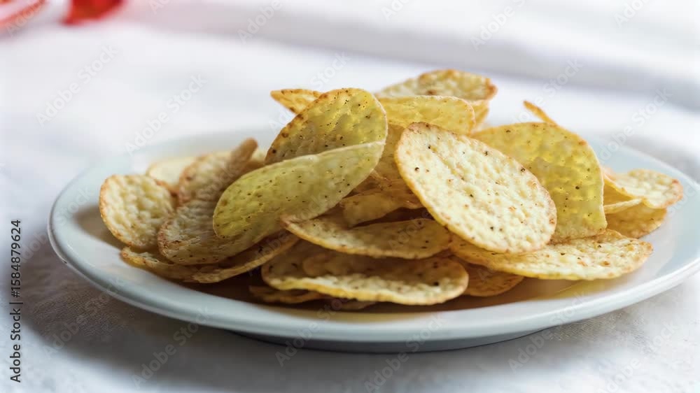 there is a plate of chips on a table with a bag of chips in the background there is a plate of chips on a table with a bag of chips in the background