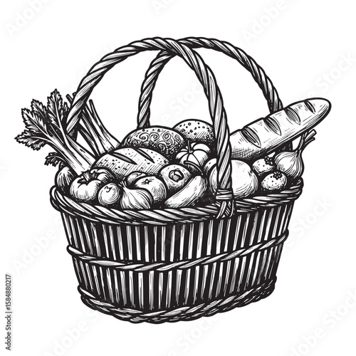 Abundant harvest basket filled with rustic breads and fresh produce woven handle