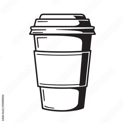 Black and white drawing of a disposable coffee cup with a lid and sleeve disposable cup