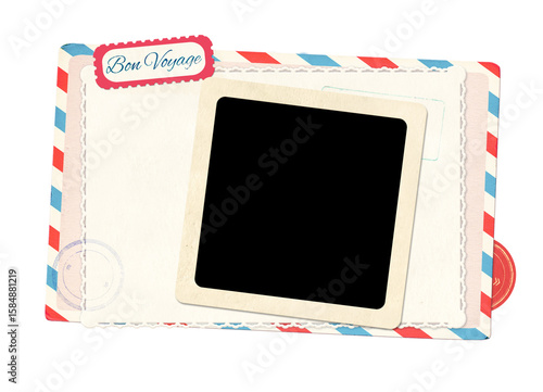 Retro photo and vintage postcard. Bon Voyage - Have a nice trip, in French. Isolated on white. Old card and blank photo. Is perfect way to express creativity and evoke a sense of warm memories