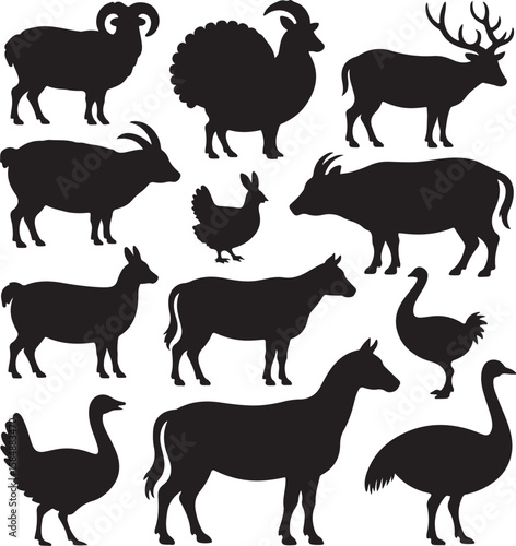 Farm animals and wild creatures silhouettes sheep goat