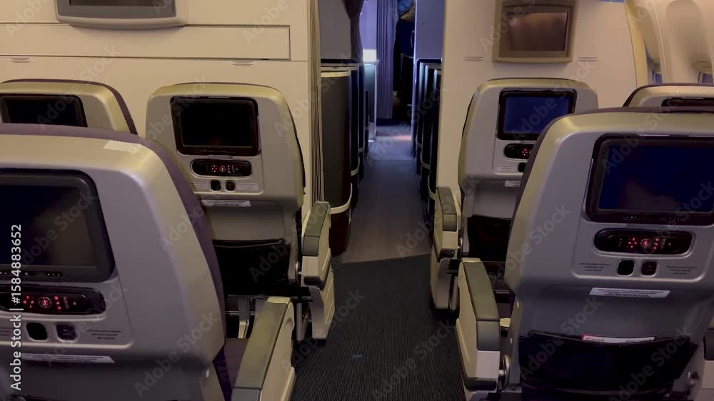 Empty aircraft seats in the cabin before passenger boarding. Clean and organized interior of commercial airplane. Empty aircraft seats in the cabin before passenger boarding. Clean and organized interior of commercial airplane.