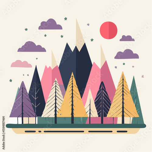 Flat vector art of a bright forest with colorful trees, purple snowy mountains, yellow clouds, and a pink sun on a cream background.